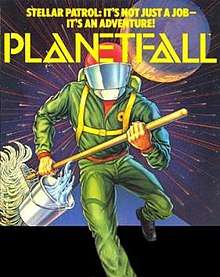 Cover art for Planetfall: a janitor in a spacesuit wielding a mop and bucket.