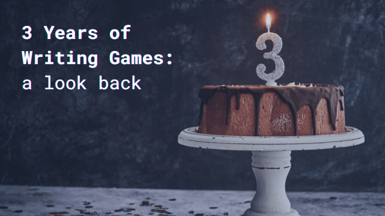 A chocolate cake on a platter with a 3-shaped candle and the text: "3 Years of Writing Games: a look back".