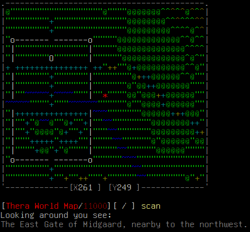 Example output using the "scan" command: "Looking around you see: The East Gate of Midgaard, nearby to the northwest."