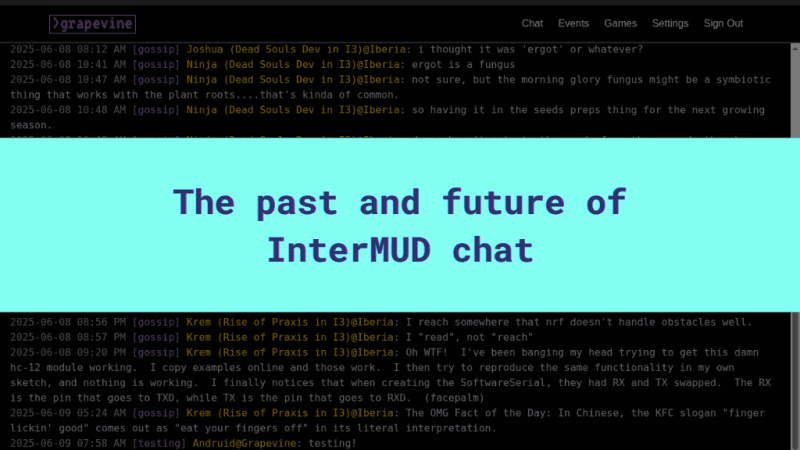Faded chat log in the background and the text: The past and future of InterMUD chat.