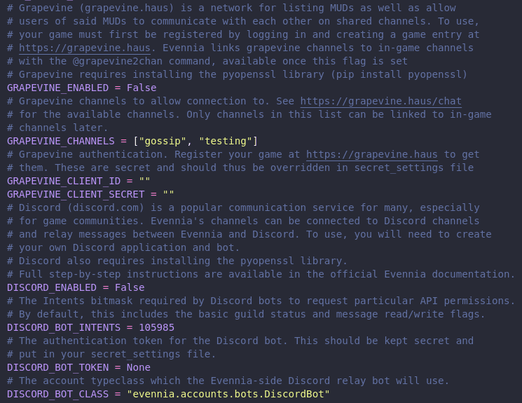 Evennia has a default_settings file that includes configs for both Grapevine and Discord.