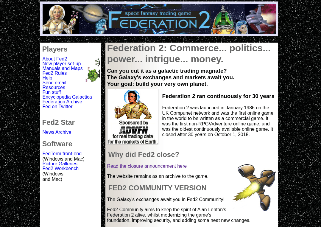 Old Fed2 home page, describing a game with "commerce, politics, power, intrigue, and money."