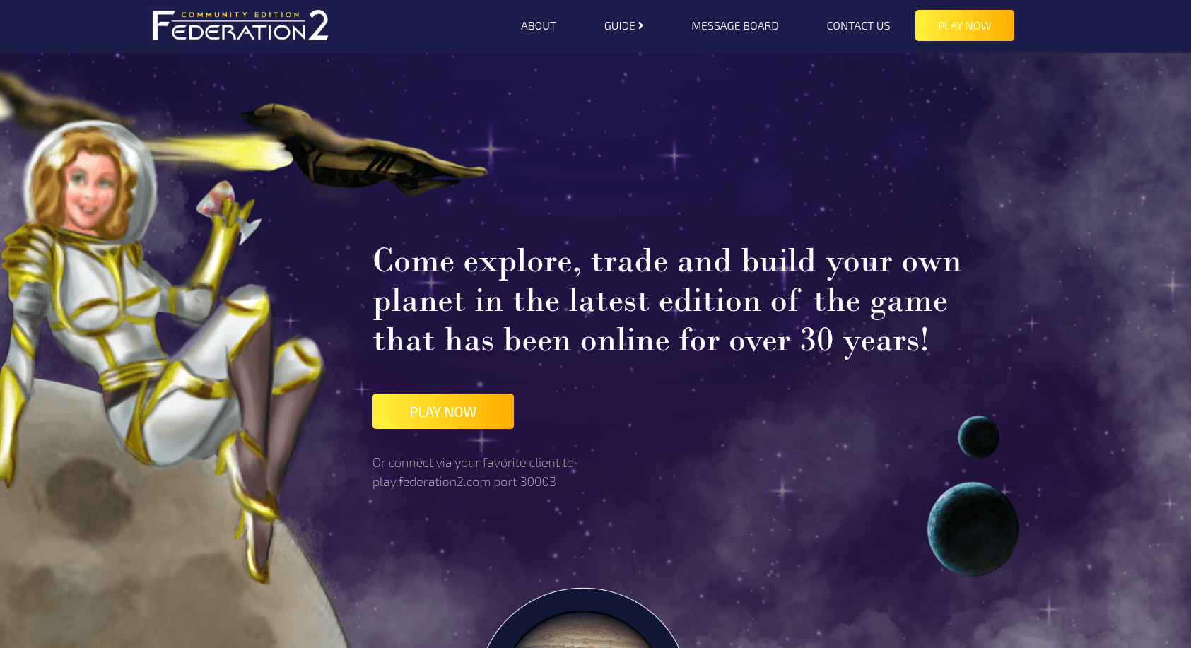 Federation 2 Community Edition homepage with vintage Fed artwork featuring planets and a woman in a spacesuit.