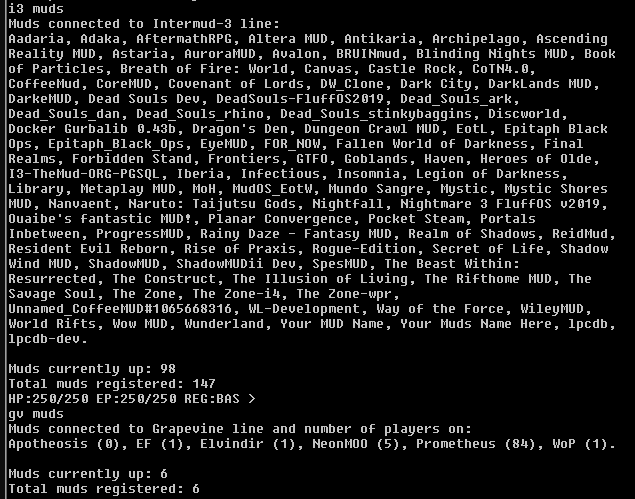 Iberia's in-game list of inter-connected MUDs. It includes several Dark Souls servers, as well as the well-known Discworld MUD. The Grapevine list is much shorter.