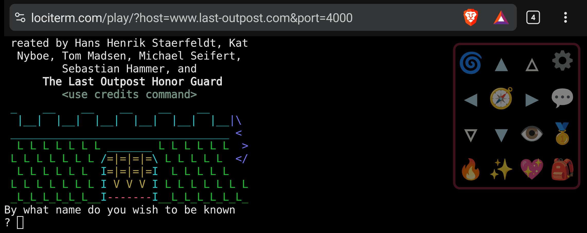 The Last Outpost intro screen on mobile, using LociTerm.