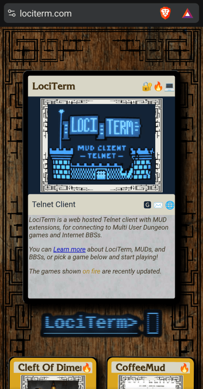 LociTerm front page as viewed on a smart phone, with the LociTerm card at the top of the page.