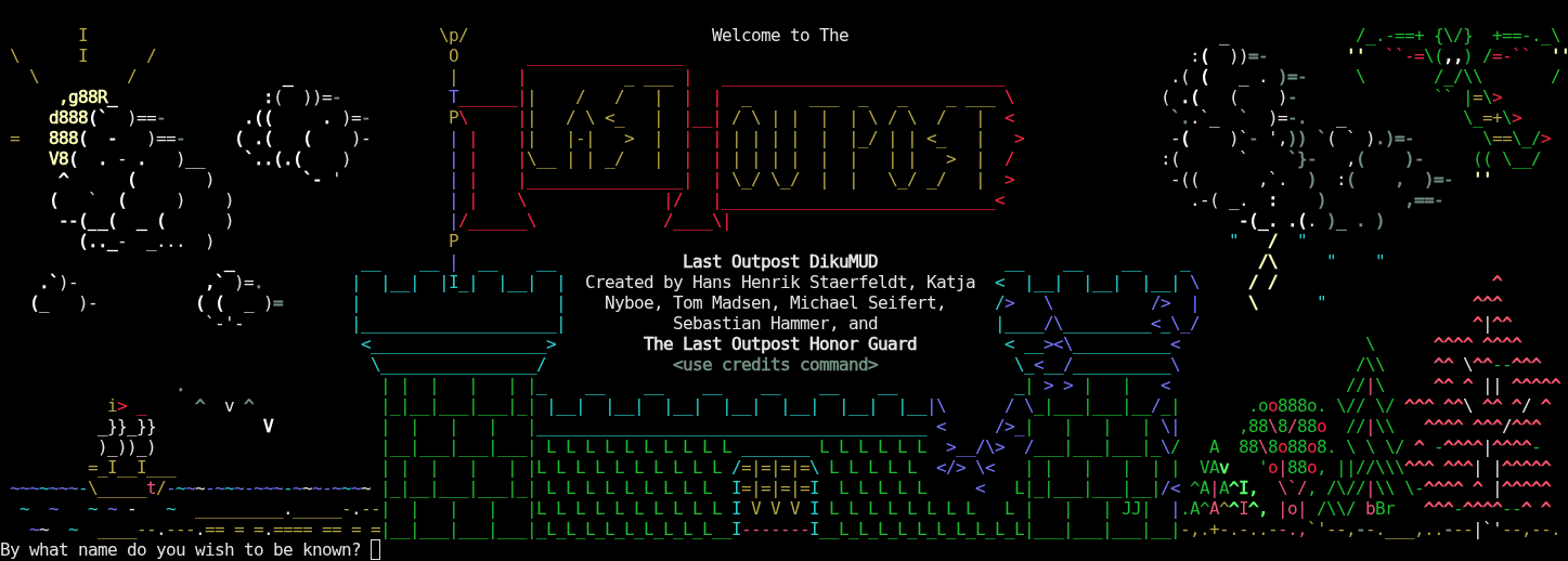 An ASCII castle with stormclouds and a dragon above.