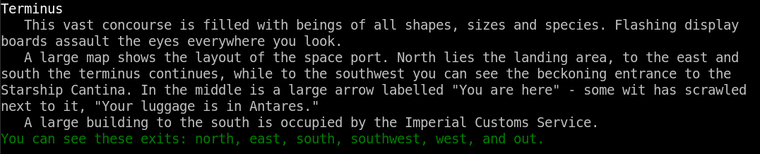 Screenshot of a room desc with a map that says "you are here." Some wit has scrawled next to it, "Your luggage is in Antares."