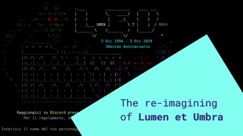 ASCII dragon standing on a building with fireworks going off and the words Lumen et Umbra.