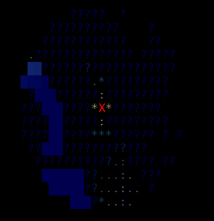 GIF showing ASCII portrayal of a player approaching, casting an area of light.