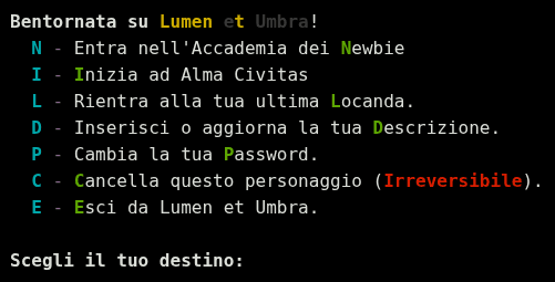 In-game menu for Lumen et Umbra, with options printed in Italian.