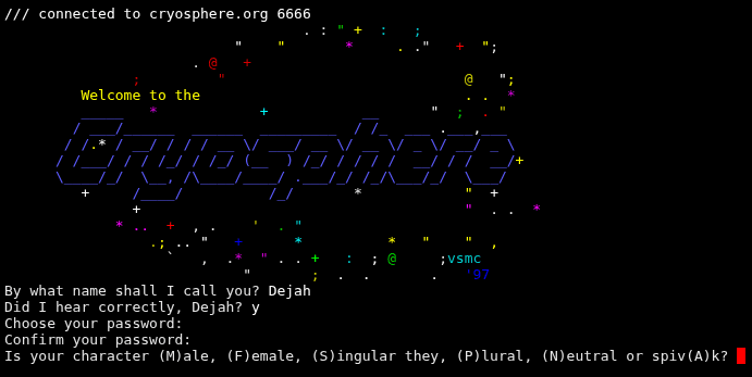 Character options in Cryosphere Login and character generation, showing non-binary character options right after the prompt to confirm your password.