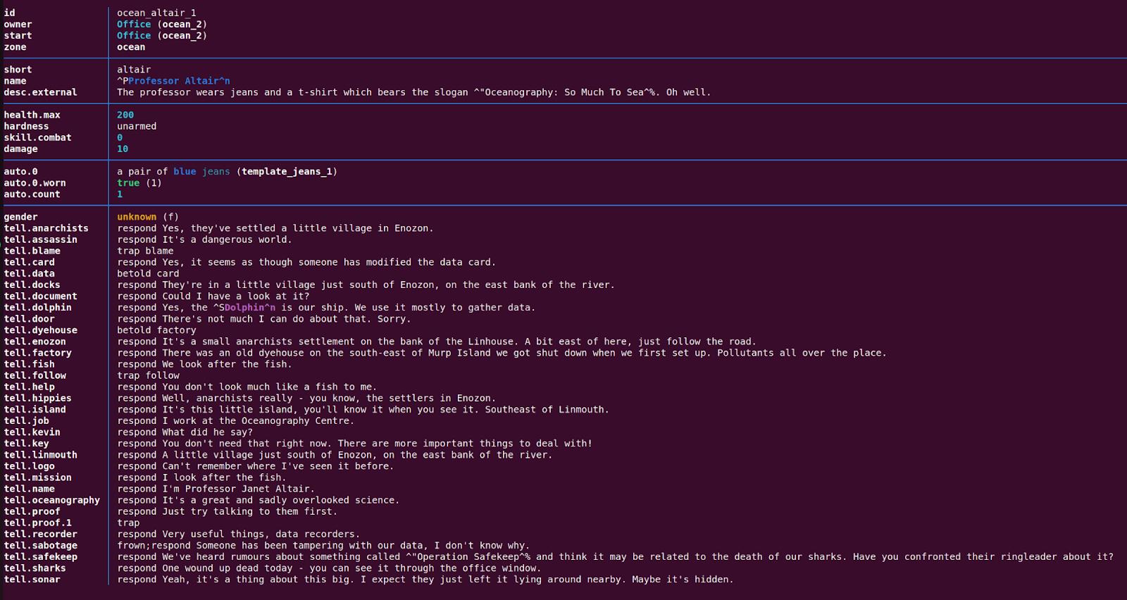 Cryosphere keyword-based conversation tree example Staff / builder view of an NPC, showing their characteristics as well as a long list of potential responses they can give to players.
