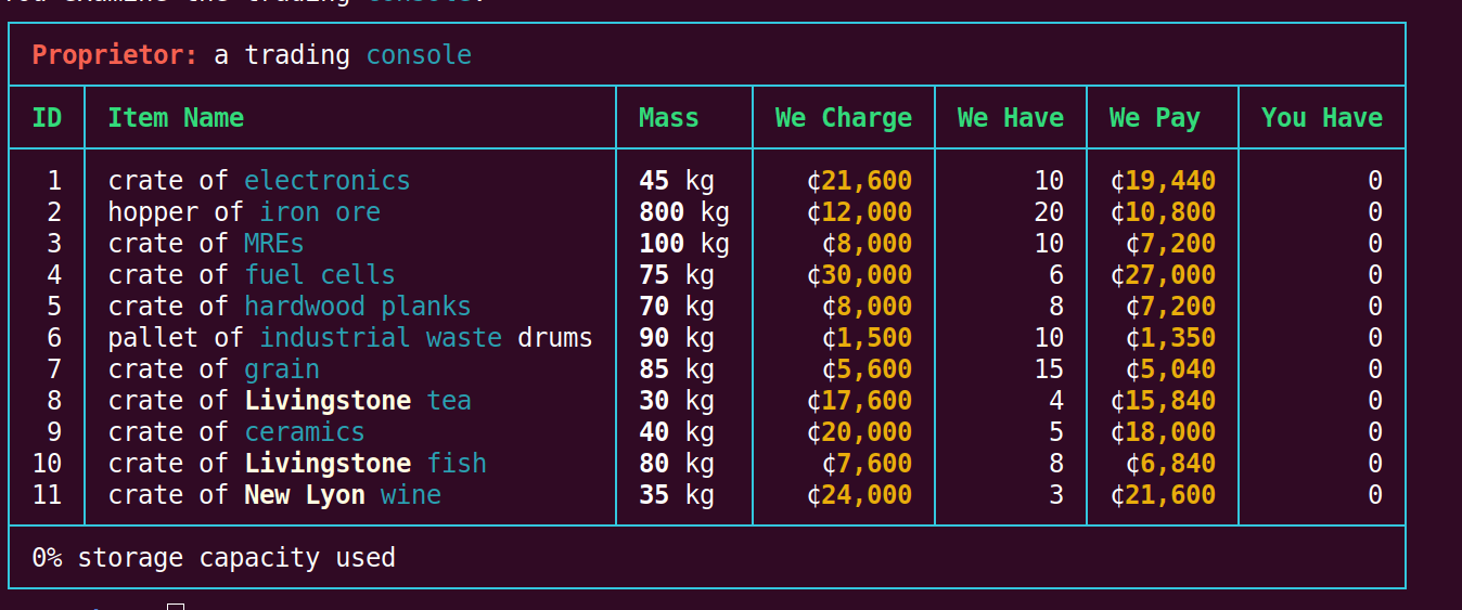 New trading console in Cryosphere A list of trade goods, including MREs (ready to eat meals), crates of electronics, iron ore, fuel cells, and other such goods.