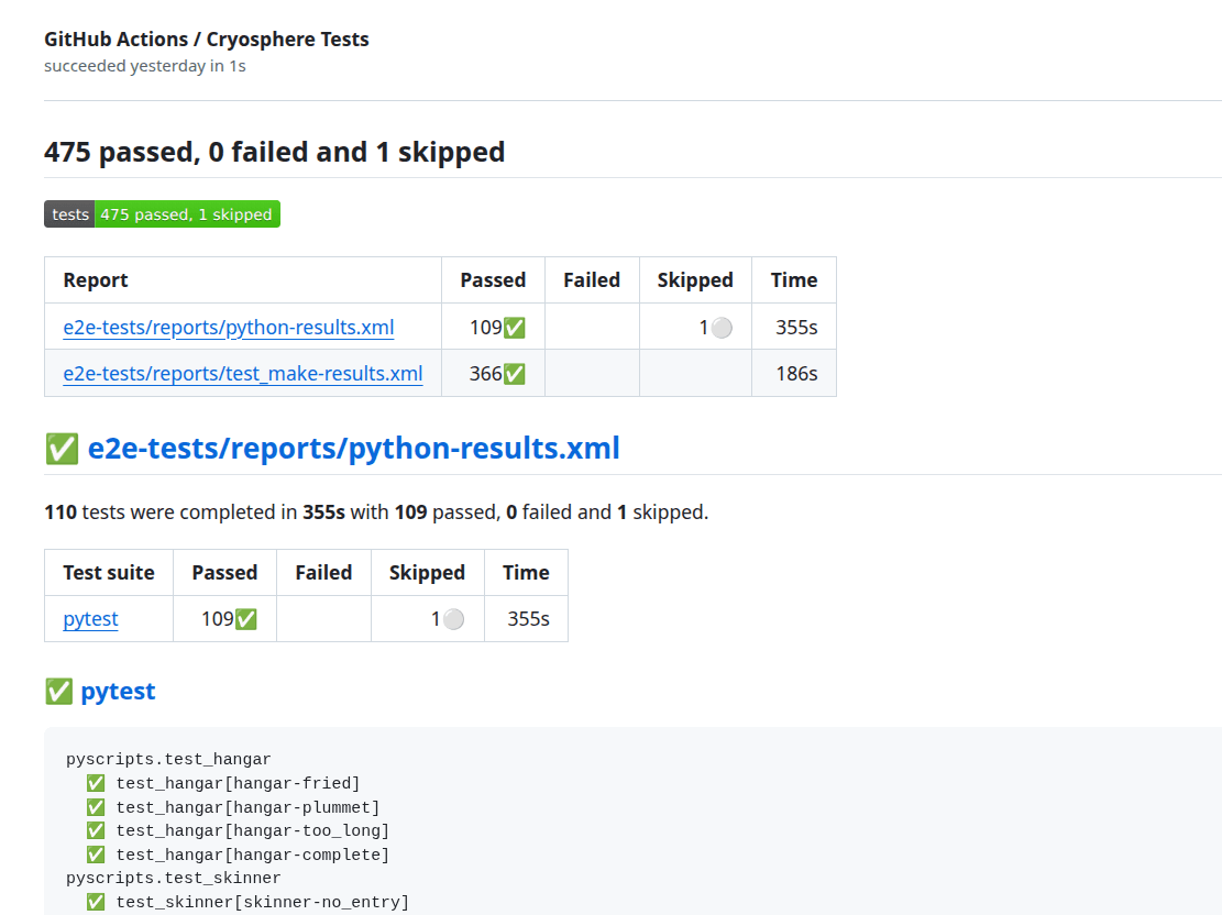Pytest results in GitHub for Cryosphere Testing output showing 475 passed tests and links to the results in GitHub.
