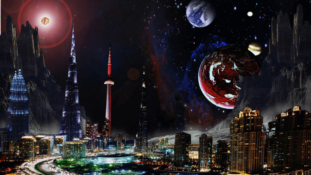 Futuristic cityscape A futuristic cityscape with unique worlds in the background.