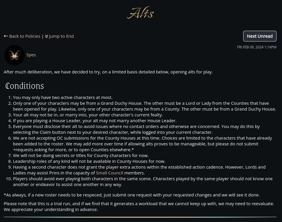 Alt policy for Concordia 1. You may only have two active characters at most. 2. Only one of your characters may be from a Grand Duchy House.