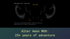 The intro screen of Alter Aeon and the text: Alter Aeon MUD: 25+ years of adventure