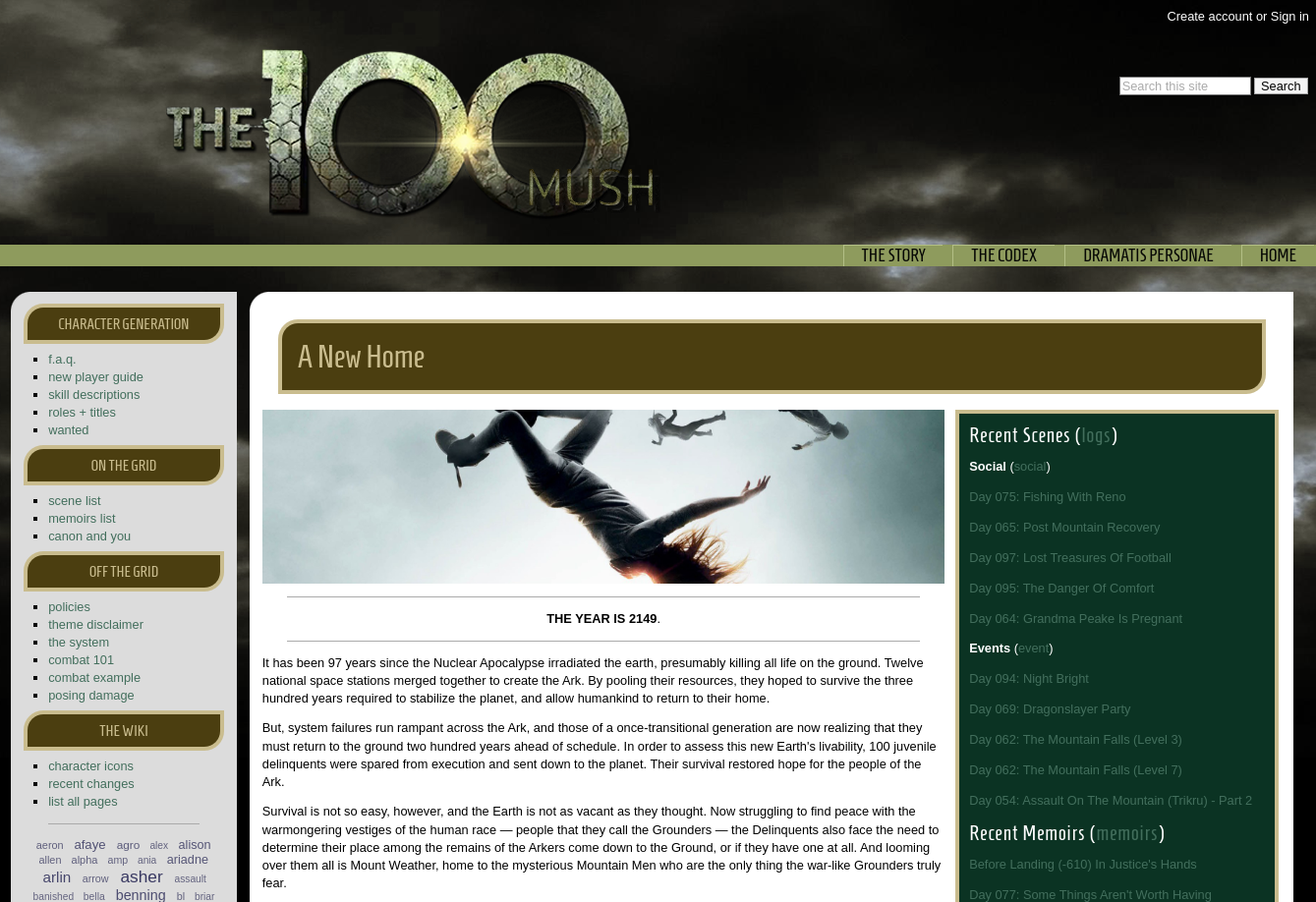 Homepage (archive) of The 100 MUSH The 100 homepage with links to FAQ, new player guide, scenes, and more (screenshot).