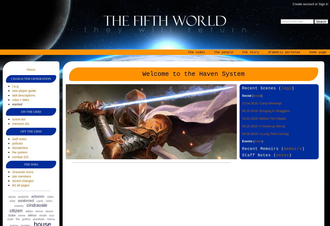 Homepage (archive) of The Fifth World MUSH The Fifth World homepage with links to FAQ, new player guide, scenes, and more (screenshot).