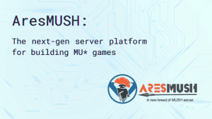 AresMUSH logo with roman helmet and spear and the text: AresMUSH: The next-gen server platform for building MU* games.