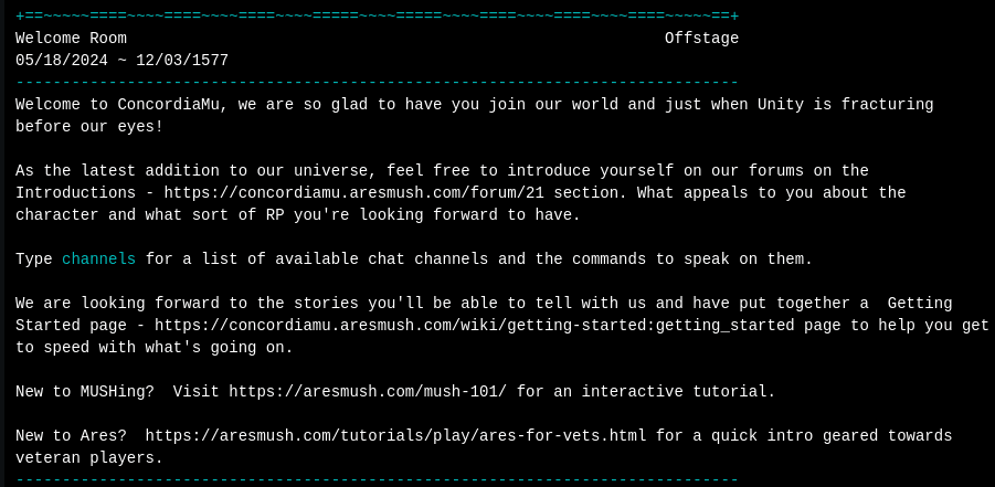 Screenshot of Concordia's "Welcome Room," showing the decorative ASCII borders around the room name and just before the list of characters present.