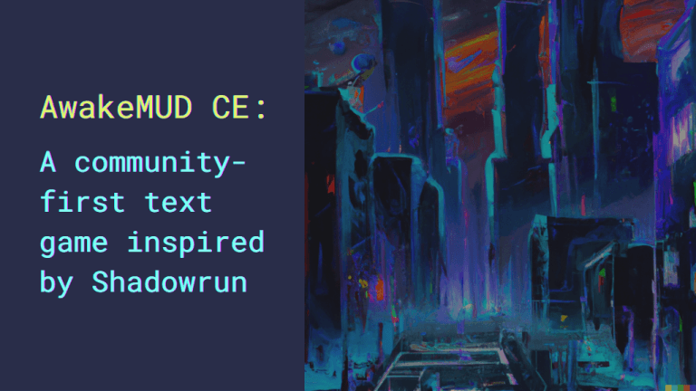AwakeMUD: a community-first Shadowrun game Nighttime neon cyberpunk cityscape and the text: AwakeMUD CE.
