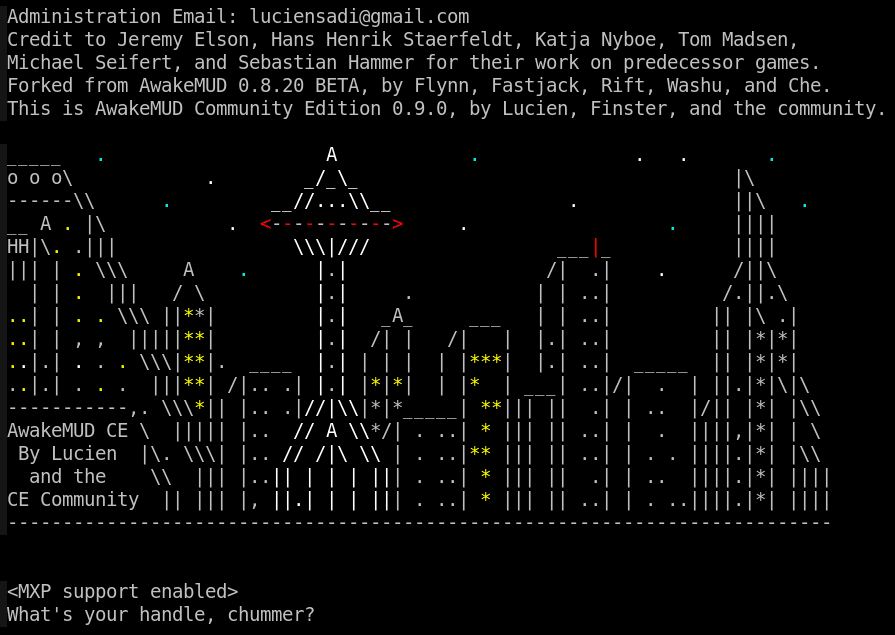 ASCII cityscape depicted in the AwakeMUD intro screen.