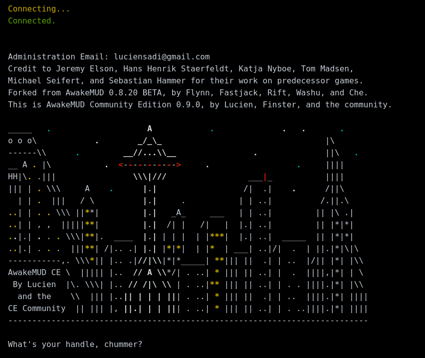 AwakeMUD CE by Lucien and the CE Community. What's your handle, chummer?