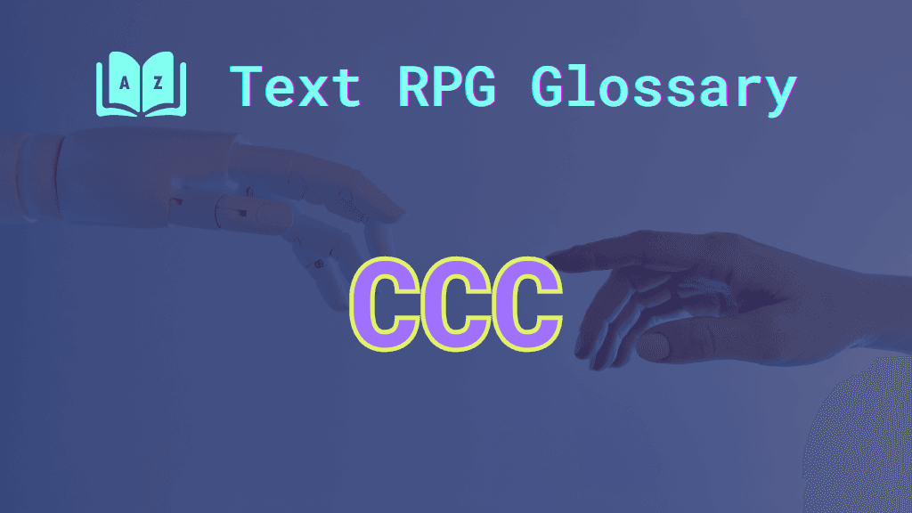 An android and a human touching their index fingers together, plus the acronym: CCC, short for computer-controlled character.