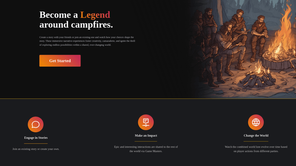 Campfyres home page with "Getting Started" button.