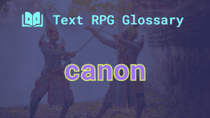 Two characters dressed in traditional garb and the word: canon.