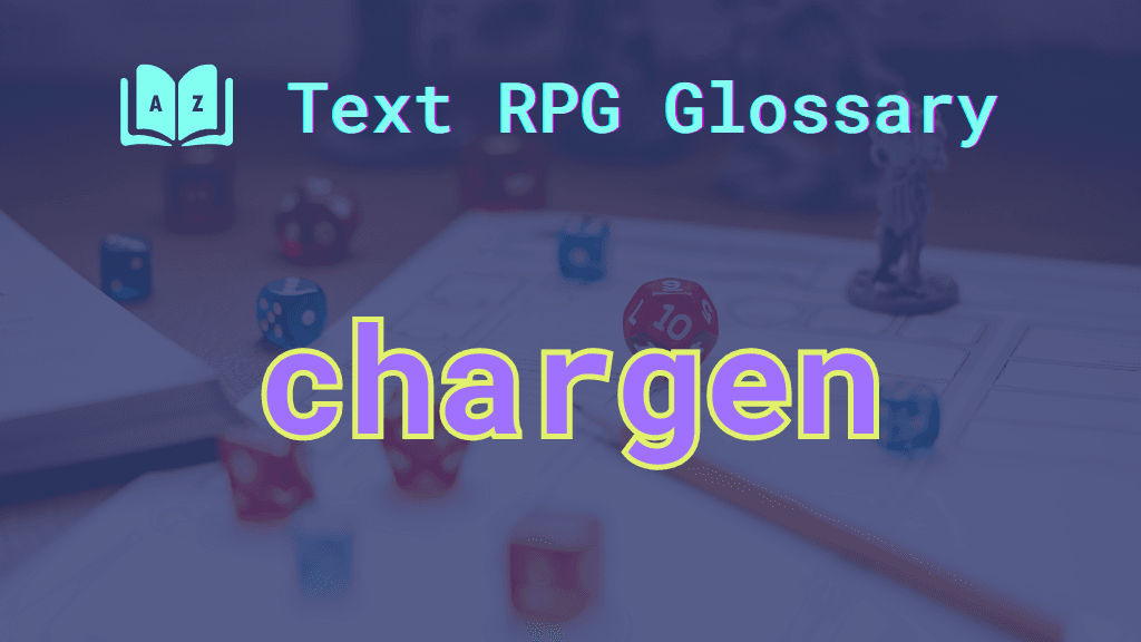 Dice scattered over a character sheet and the word: chargen.