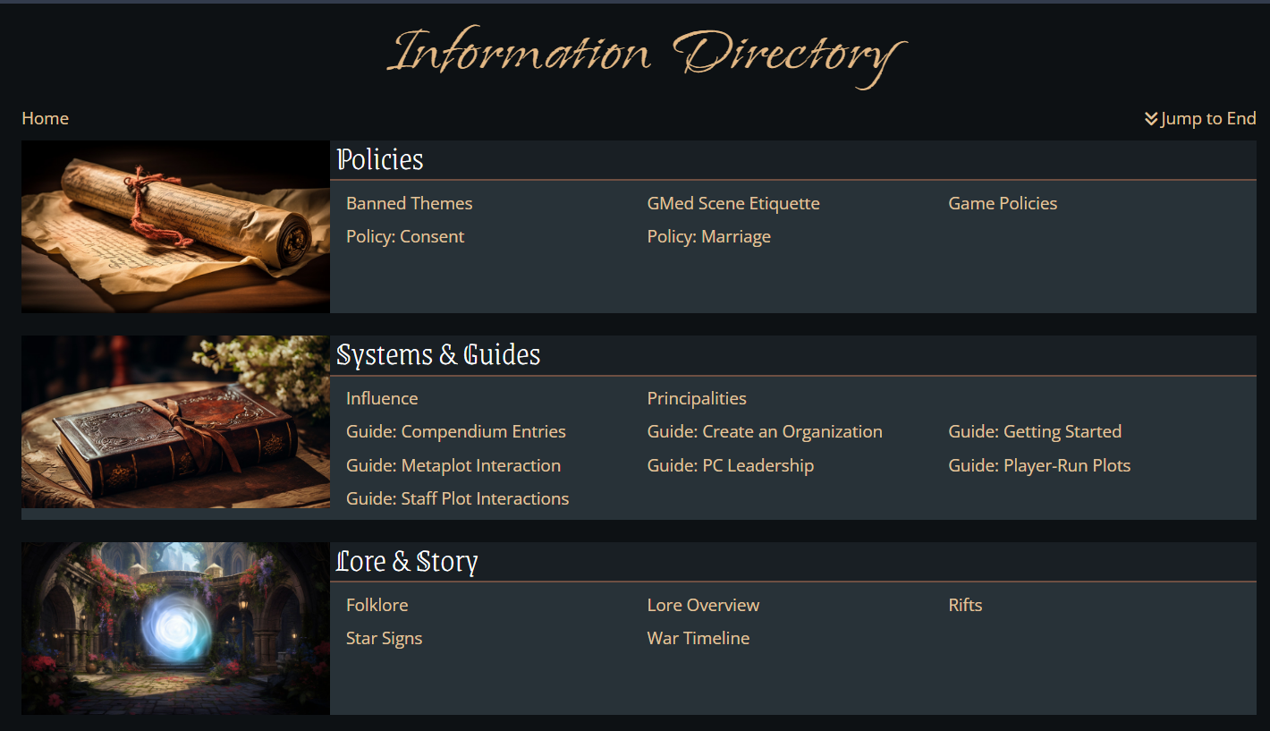 Concordia's helpful information directory Information Directory with sections for Policies, Systems & Guides, and Lore & Story.