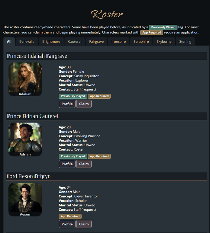 Example roster characters in Concordia Roster. The roster contains ready-made characters. Some have been played before, as indicated by a "Previously Played" tag. For most characters, you can claim them and begin playing immediately.