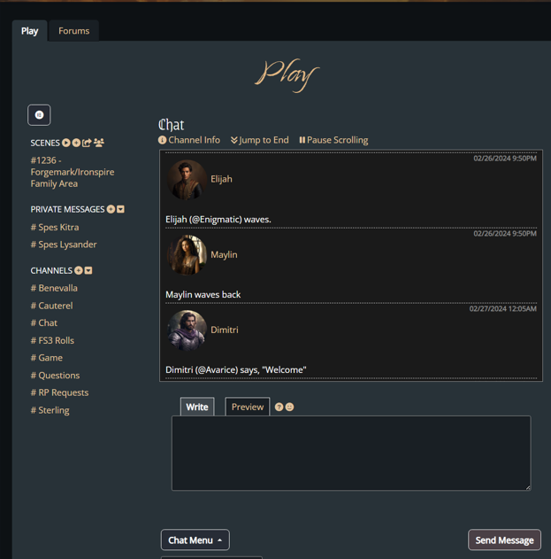 Example of the play screen in Concordia Play. Lifted on the left: Scenes, Private Messages, Channels. On the right: Chat info with various players. Underneath: A chatbox to join the conversation.