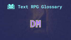 DM A stone dungeon filled with shadows and the word: DM, short for dungeon master.