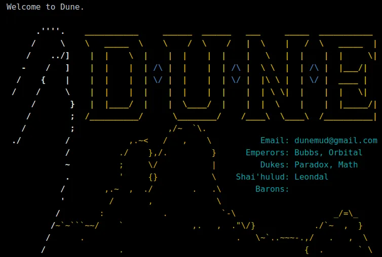 Dune's intro screen with ASCII art.