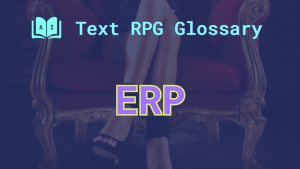 ERP The crossed legs of a person sitting on a red velvet divan and the acronym: ERP, short for erotic roleplay.