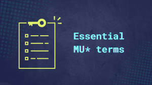 List icon with a golden key and the words: "Essential MU* terms."