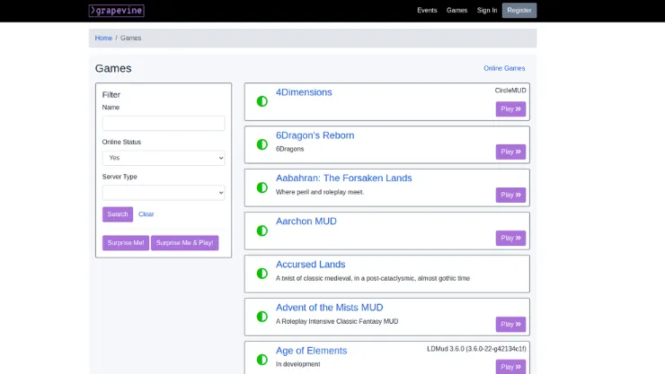 Grapevine's MUD listing with filtering options.