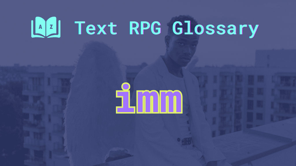 Imm A person dressed up as a deity with wings and the word: imm.