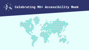 A world map in braille dots and the text: "Celebrating MU* Accessibility Week".