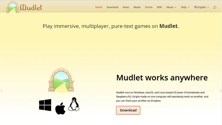 Screenshot of Mudlet's home page.