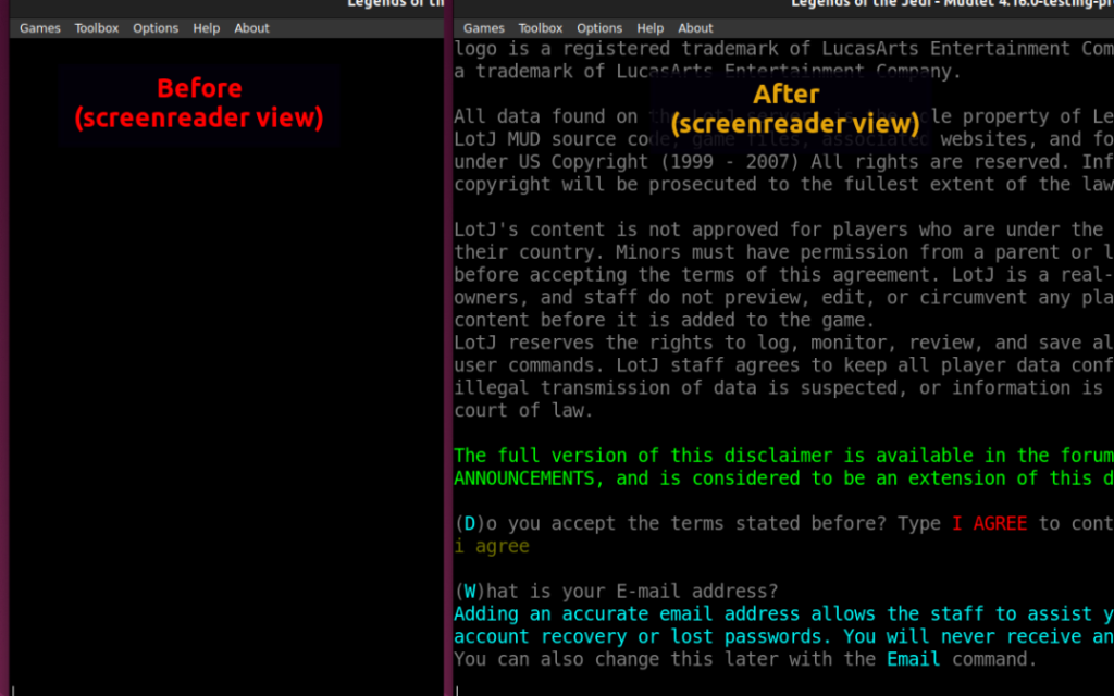 Before/after Screen captures for sighted users to help them understand Mudlet's accessibility updates.
