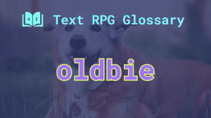 An older canine companion and the word: oldbie.
