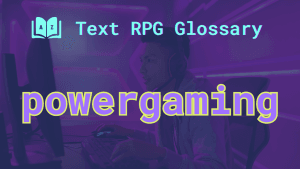 An intensely focused gamer and the text: powergaming.