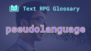 Pseudolanguage A speaker in glasses with a stream of unintelligible letters coming out of their mouth, and the word: pseudolanguage.
