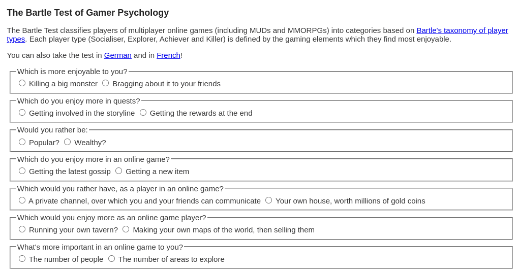 Sample test questions from the Bartle Test, such as: "Which is more enjoyable to you? 1) Killing a big monster 2) Bragging about it to your friends"