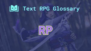A beautiful cosplayer wielding a sword and the word: RP, short for roleplay or roleplaying.